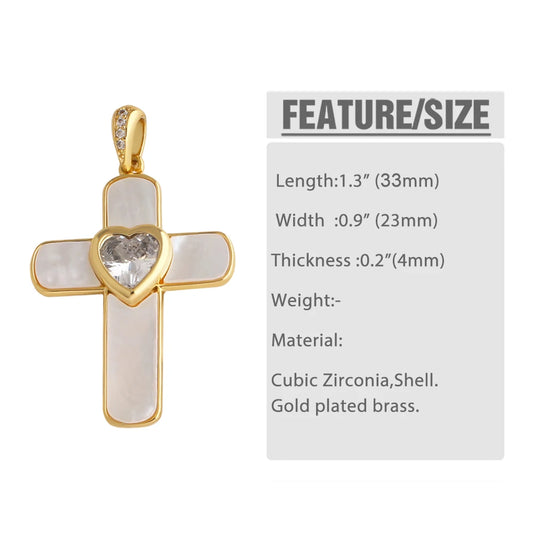 18K Gold Plated Shell Cross Pendants with Heart Zircon pdta317