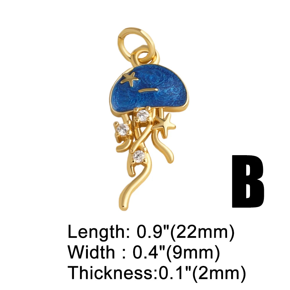 18K Gold Plated Zircon Enamel Ocean Starfish Jellyfish Shell Charms for Jewelry pdtb897