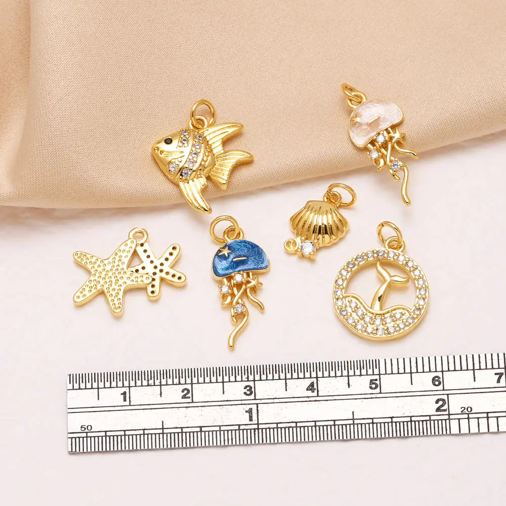 18K Gold Plated Zircon Enamel Ocean Starfish Jellyfish Shell Charms for Jewelry pdtb897