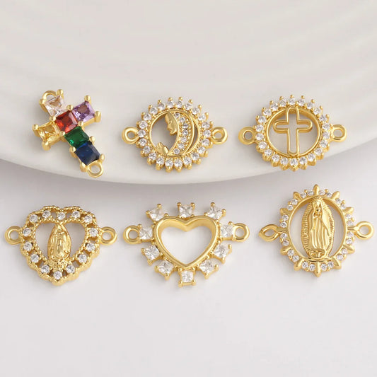 Gold Plated Hollow Virgin Mary Cross Double Loop Bracelet Connector Charms chma588