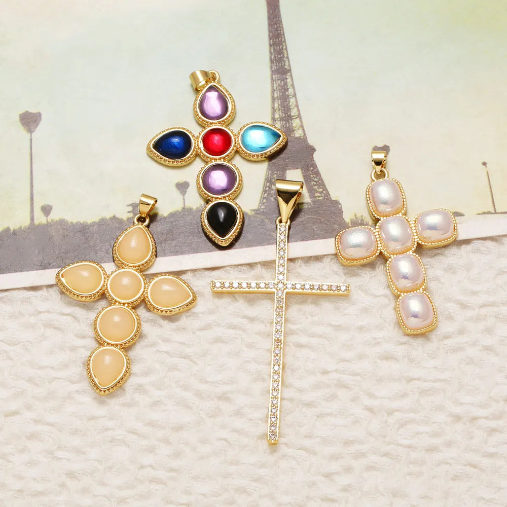 18K Gold Plated Large Pearl and Zircon Cross Pendants for Necklaces pdta319