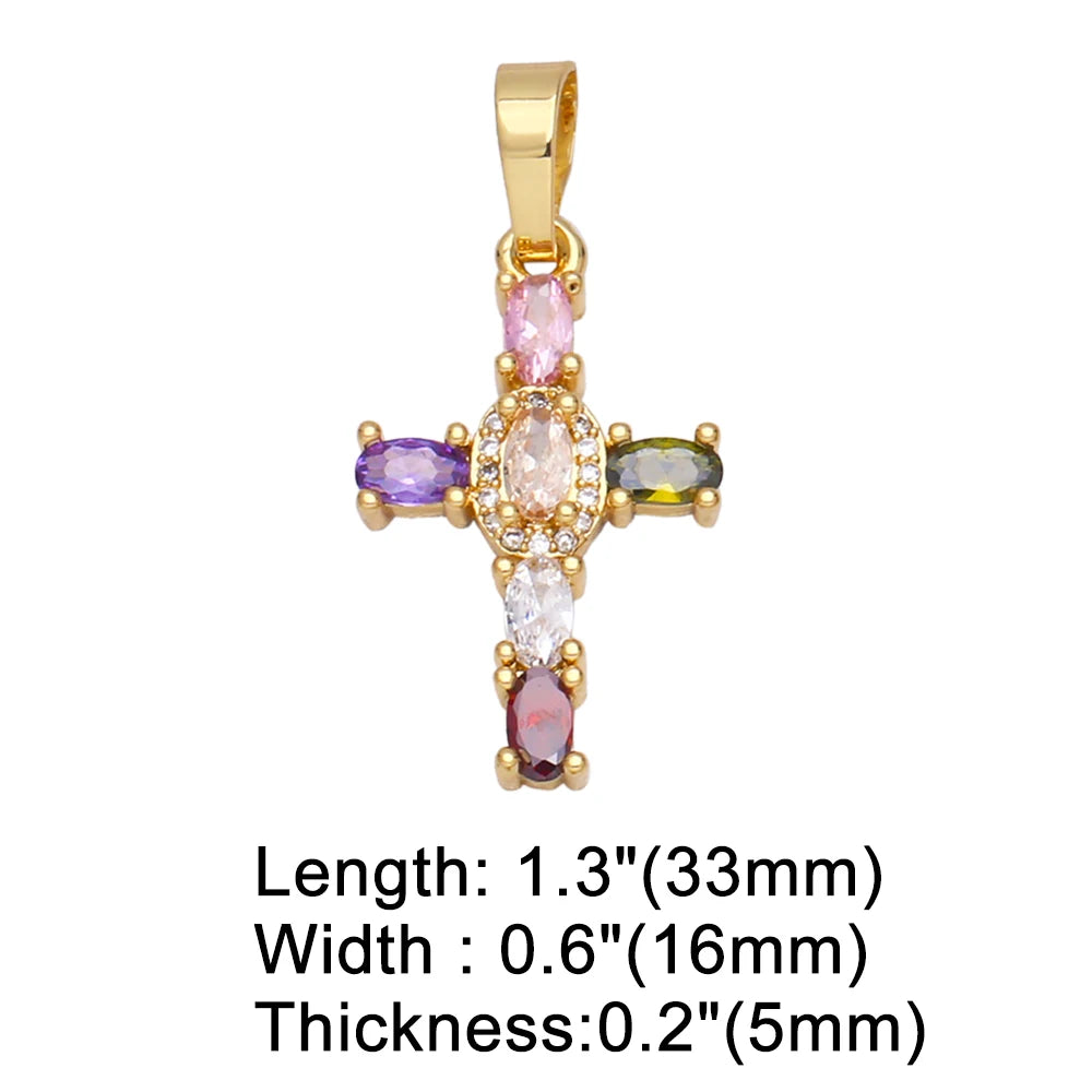 18K Gold Plated Rainbow Zircon Cross Pendant for DIY Jewelry Making pdta638