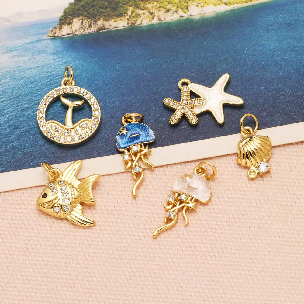 18K Gold Plated Zircon Enamel Ocean Starfish Jellyfish Shell Charms for Jewelry pdtb897