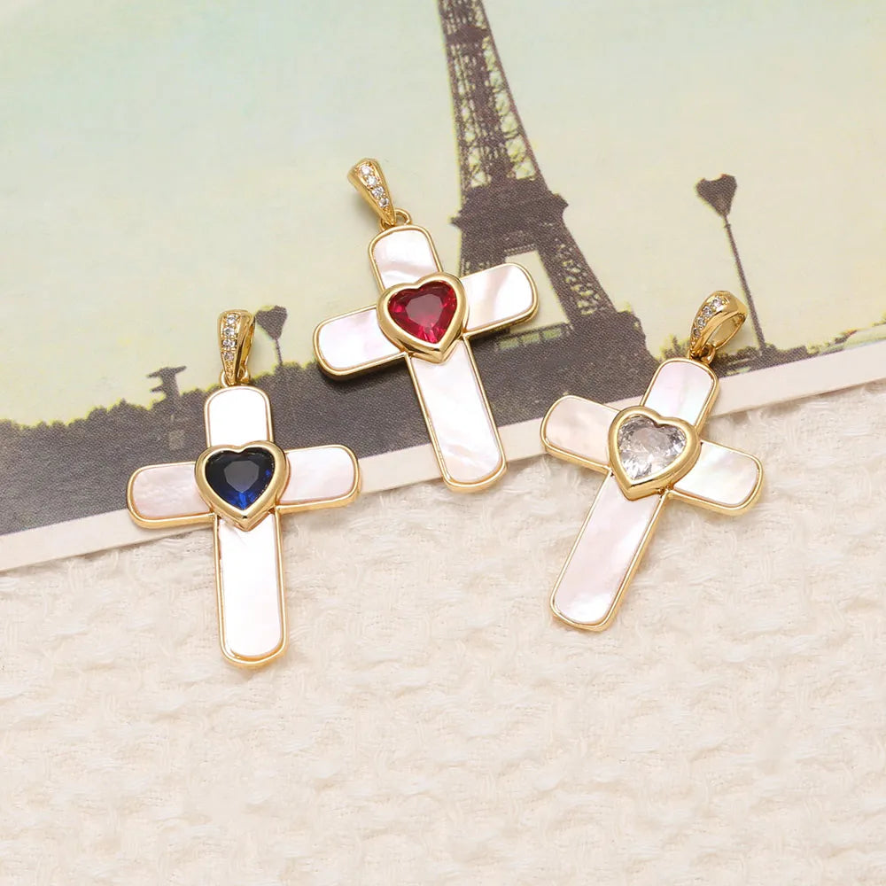 18K Gold Plated Shell Cross Pendants with Heart Zircon pdta317