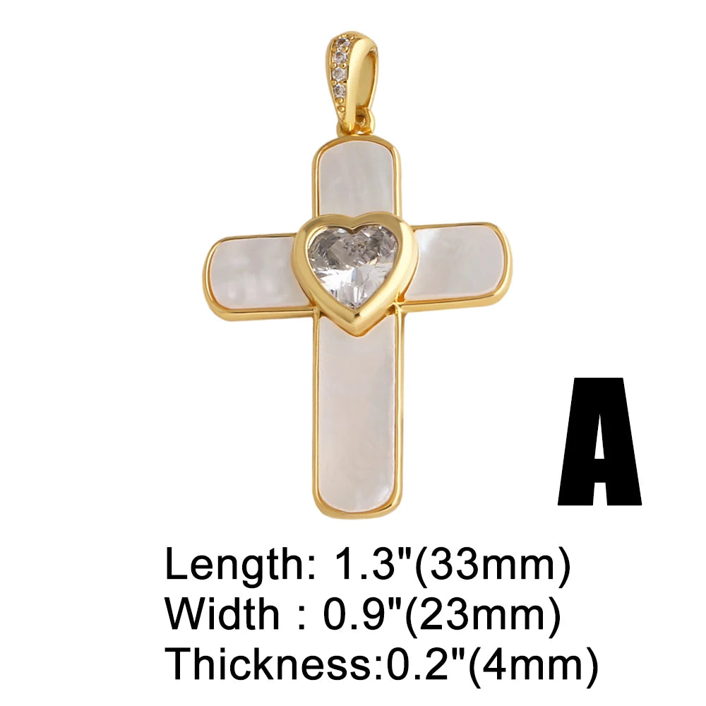 18K Gold Plated Shell Cross Pendants with Heart Zircon pdta317