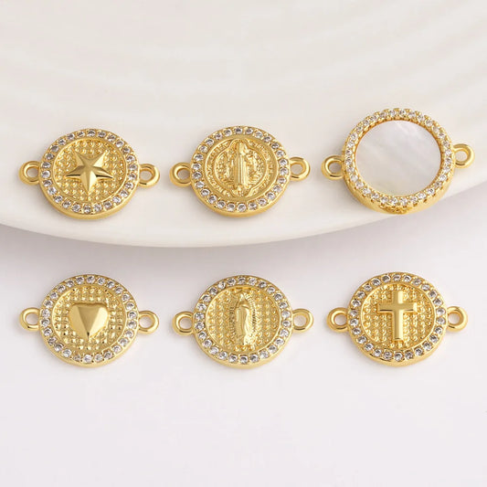 18K Gold Plated Religious Cross Virgin Mary Heart Bracelet Connector Charms chma586