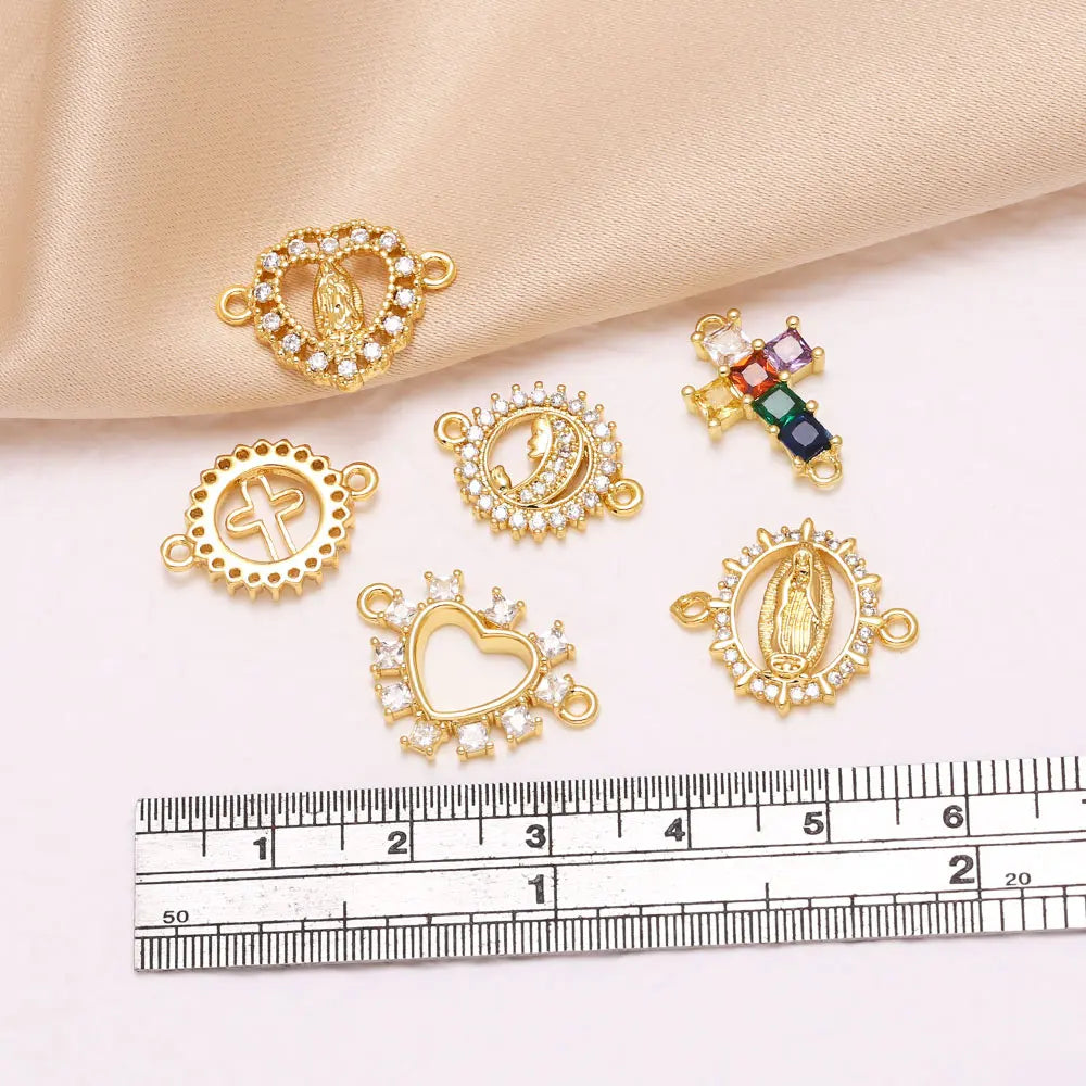 Gold Plated Hollow Virgin Mary Cross Double Loop Bracelet Connector Charms chma588