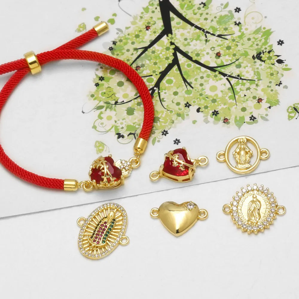 18K Gold Plated Virgin Mary Red Heart Double Loop Bracelet Charms Wholesale chma675
