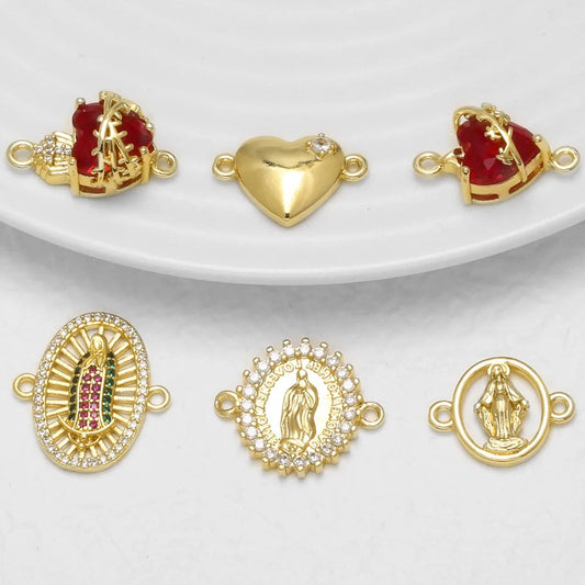 18K Gold Plated Virgin Mary Red Heart Double Loop Bracelet Charms Wholesale chma675