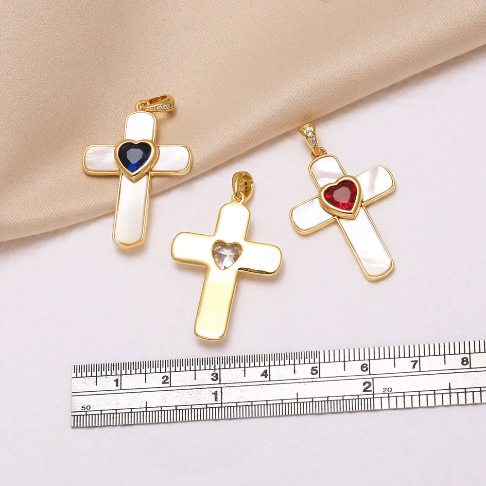 18K Gold Plated Shell Cross Pendants with Heart Zircon pdta317