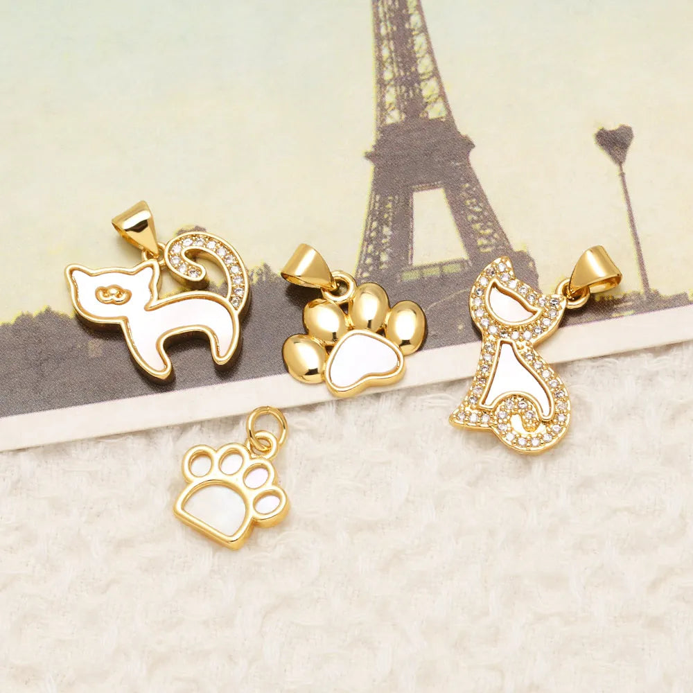 18K Gold Plated Cute Cat Paw Shell Pendants with Cubic Zirconia for Jewelry pdtb892
