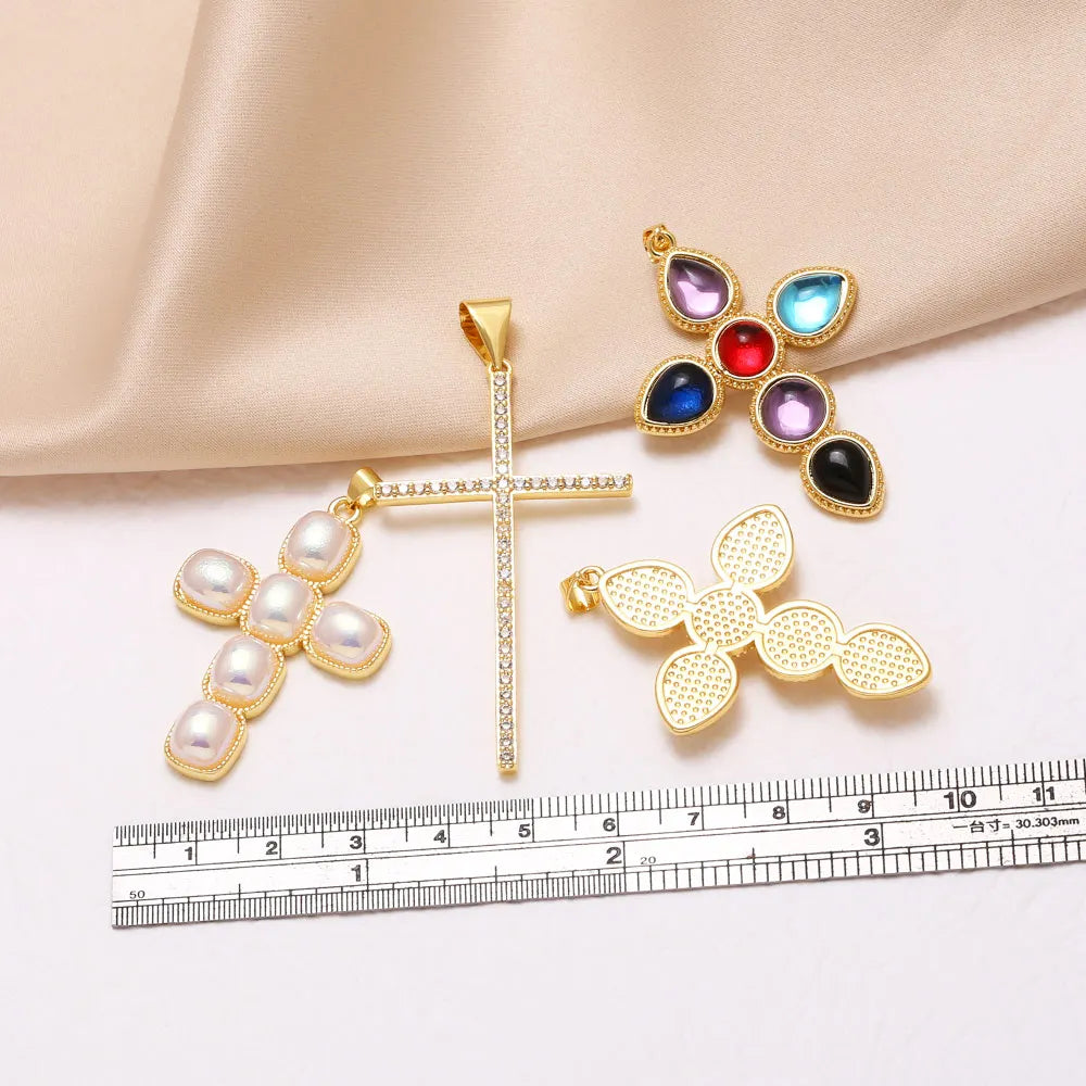 18K Gold Plated Large Pearl and Zircon Cross Pendants for Necklaces pdta319
