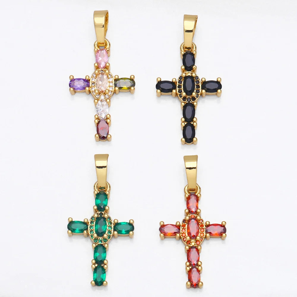 18K Gold Plated Rainbow Zircon Cross Pendant for DIY Jewelry Making pdta638
