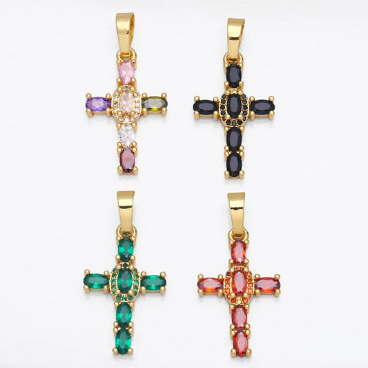 18K Gold Plated Rainbow Zircon Cross Pendant for DIY Jewelry Making pdta638