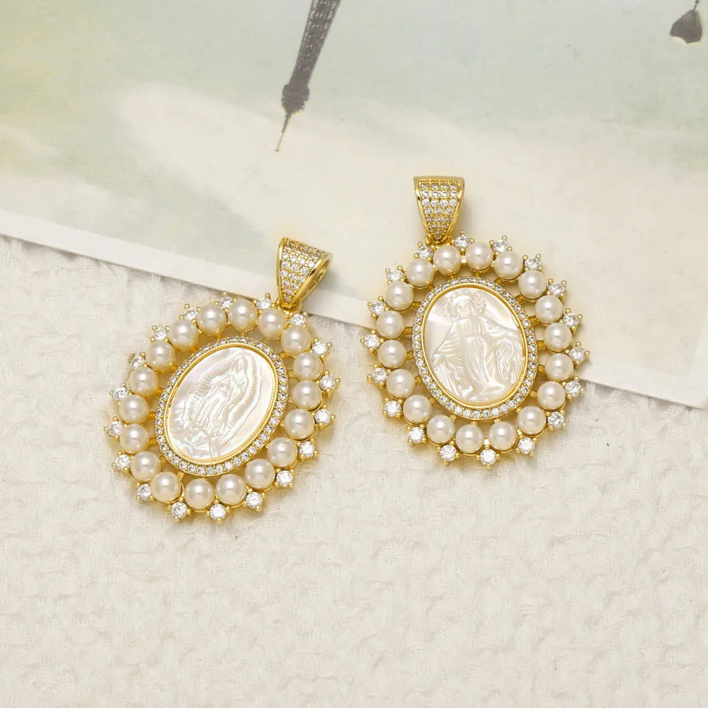 18K Gold Plated Virgin Mary Pearl Zircon Large Pendant Charms Wholesale pdtc002