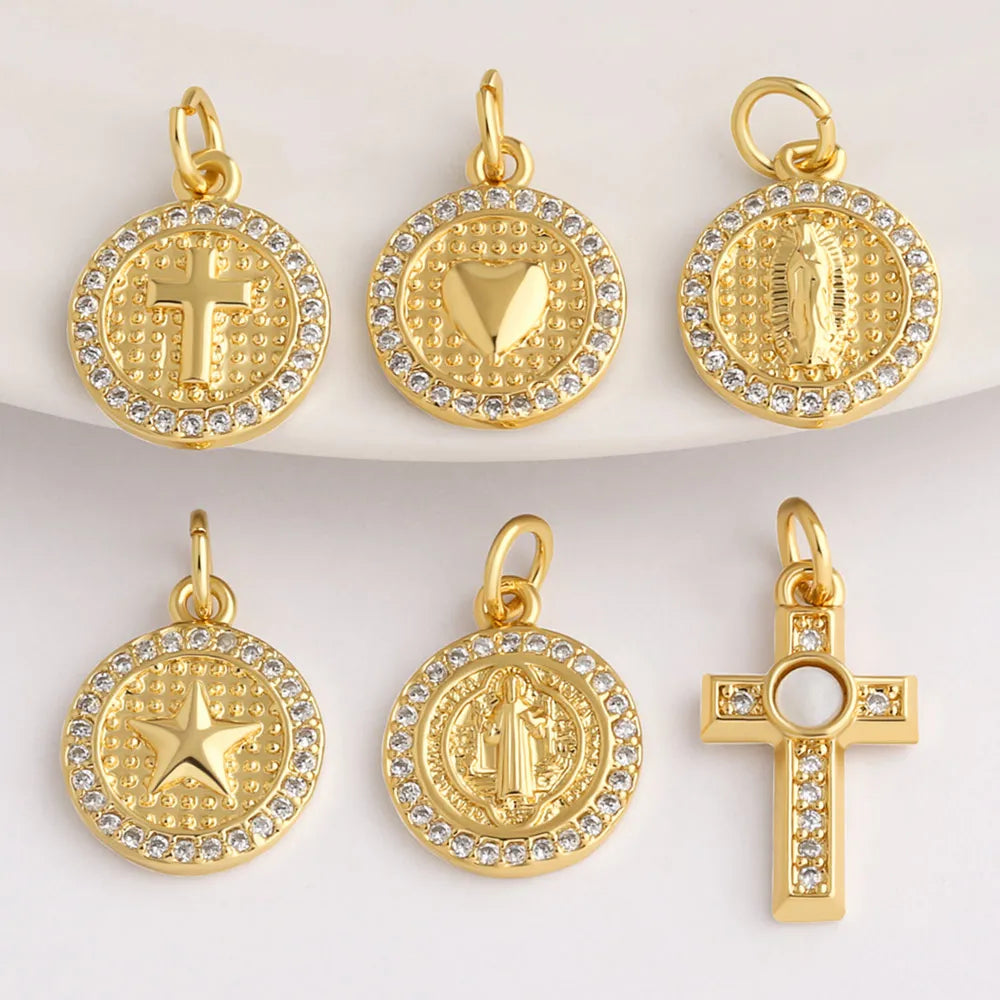 18K Gold Plated Mini Zircon Virgin Mary Cross Heart Pendants for DIY Jewelry chma581