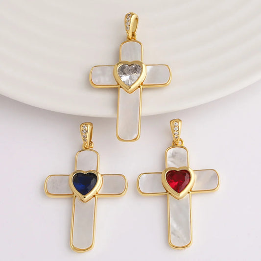 18K Gold Plated Shell Cross Pendants with Heart Zircon pdta317