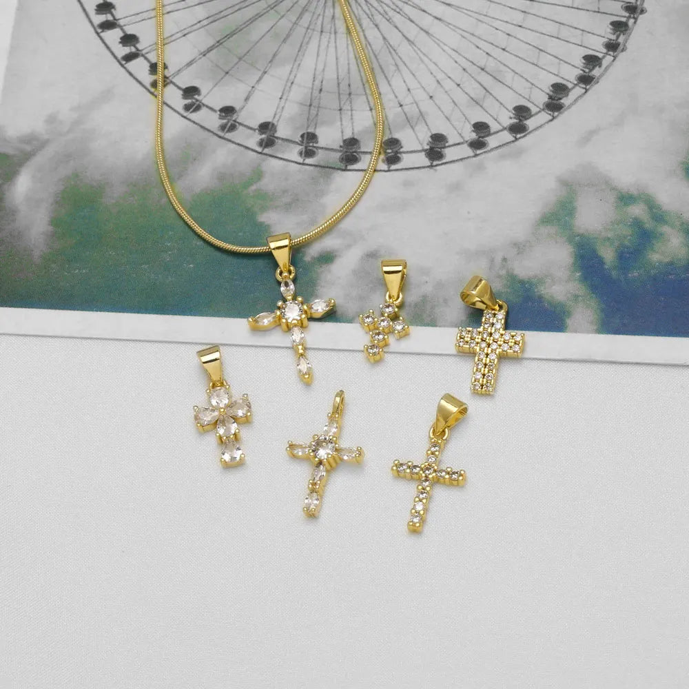 18K Gold Plated Mini Zircon Cross Pendant Charms for Religious Jewelry Wholesale chma646