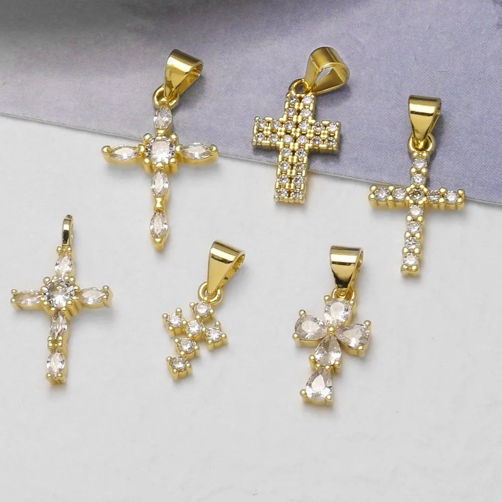 18K Gold Plated Mini Zircon Cross Pendant Charms for Religious Jewelry Wholesale chma646