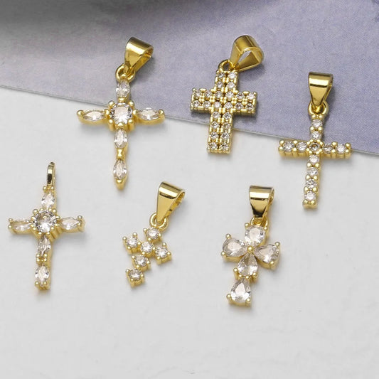 18K Gold Plated Mini Zircon Cross Pendant Charms for Religious Jewelry Wholesale chma646