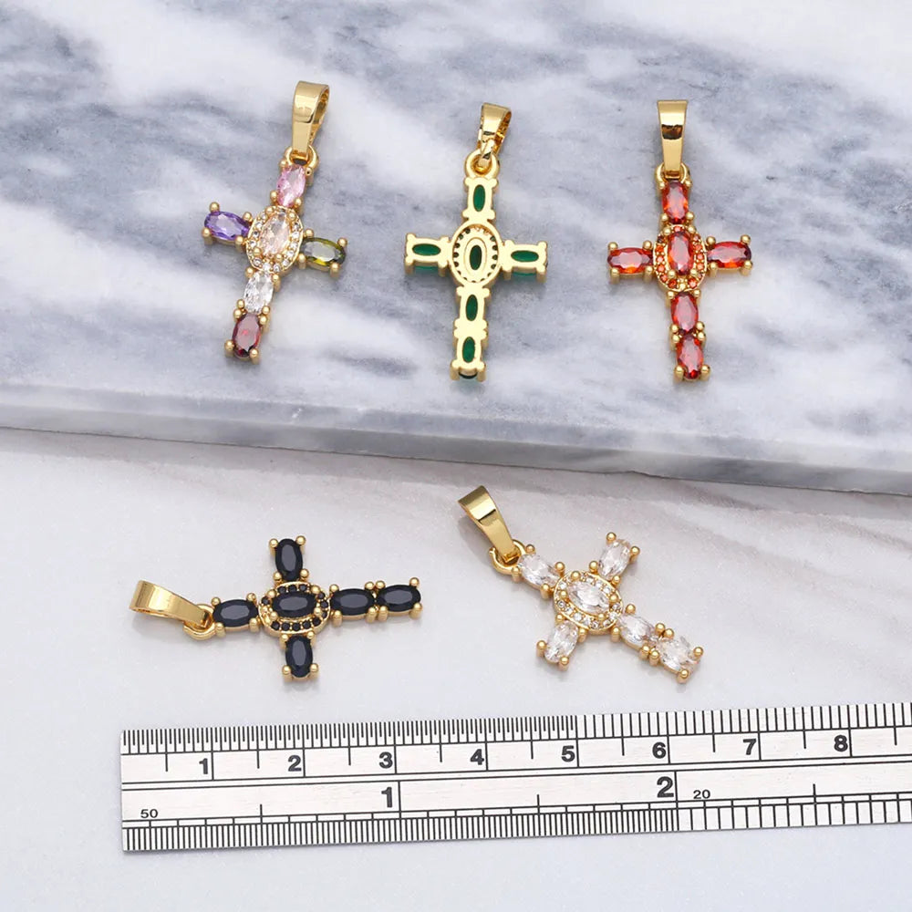 18K Gold Plated Rainbow Zircon Cross Pendant for DIY Jewelry Making pdta638