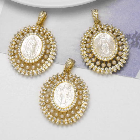 18K Gold Plated Large Shell Virgin Mary Pearl Pendant Charms Wholesale pdtc003