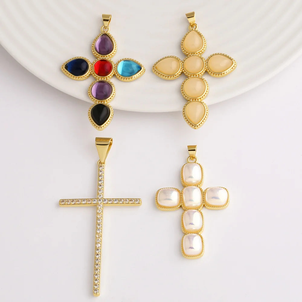 18K Gold Plated Large Pearl and Zircon Cross Pendants for Necklaces pdta319