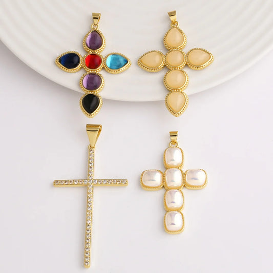 18K Gold Plated Large Pearl and Zircon Cross Pendants for Necklaces pdta319