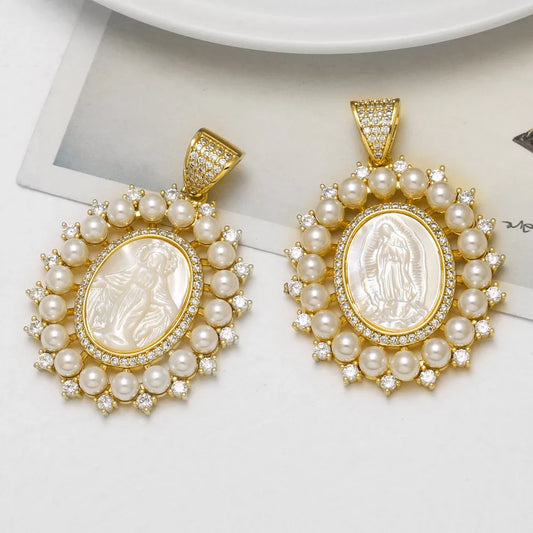18K Gold Plated Virgin Mary Pearl Zircon Large Pendant Charms Wholesale pdtc002