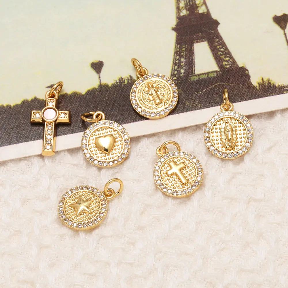 18K Gold Plated Mini Zircon Virgin Mary Cross Heart Pendants for DIY Jewelry chma581