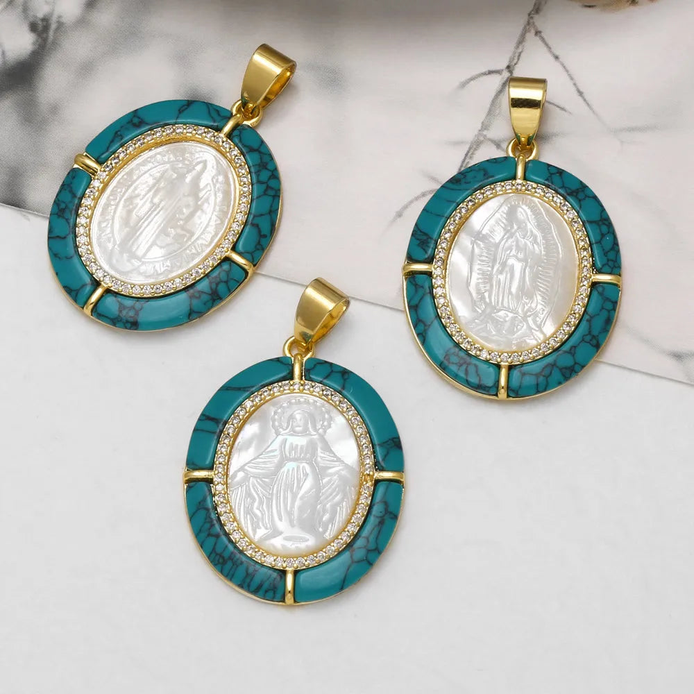 18K Gold Plated Virgin Mary Turquoise Shell Pendant Charms for DIY Jewelry Wholesale pdtc001