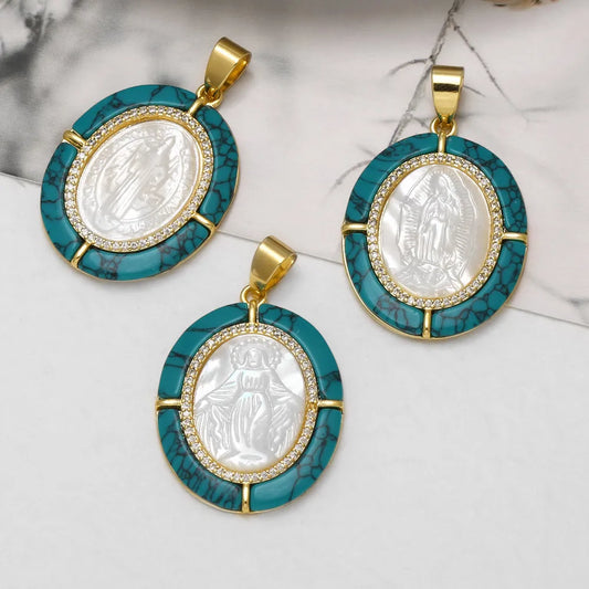 18K Gold Plated Virgin Mary Turquoise Shell Pendant Charms for DIY Jewelry Wholesale pdtc001