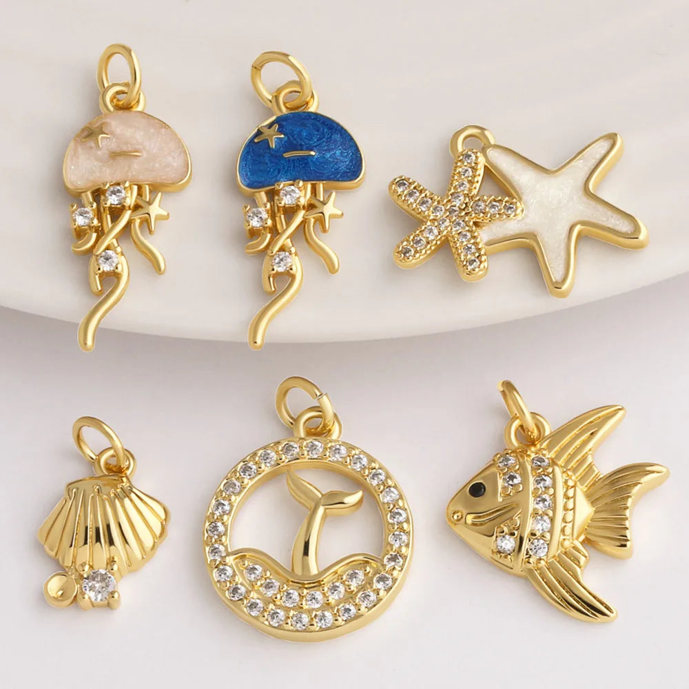 18K Gold Plated Zircon Enamel Ocean Starfish Jellyfish Shell Charms for Jewelry pdtb897