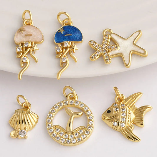 18K Gold Plated Zircon Enamel Ocean Starfish Jellyfish Shell Charms for Jewelry pdtb897