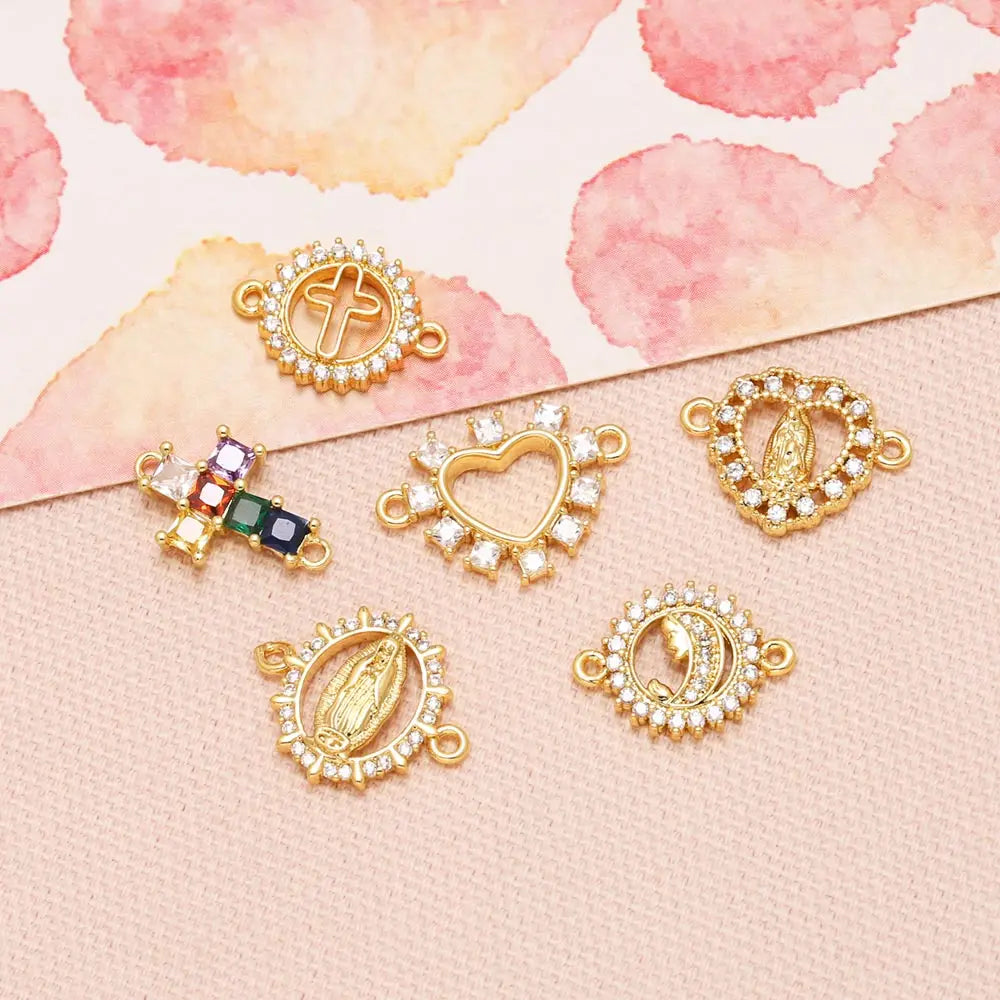 Gold Plated Hollow Virgin Mary Cross Double Loop Bracelet Connector Charms chma588